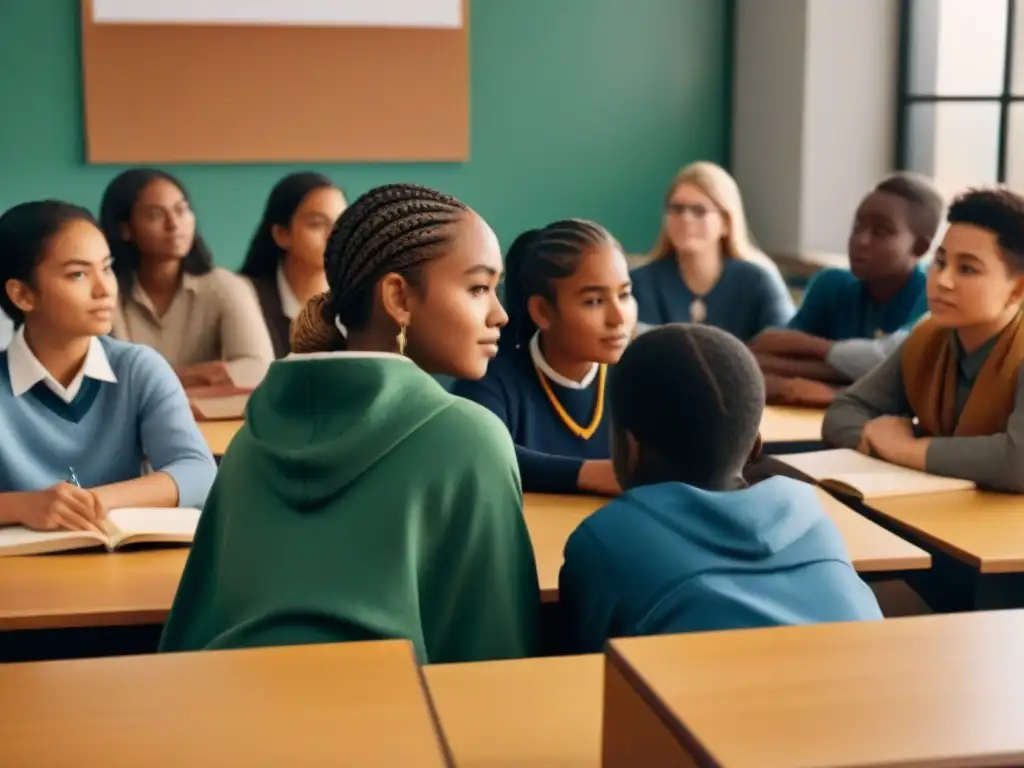 Una ilustración detallada y minimalista de estudiantes de distintas culturas en un aula, destacando la inclusión cultural en educación en Uruguay