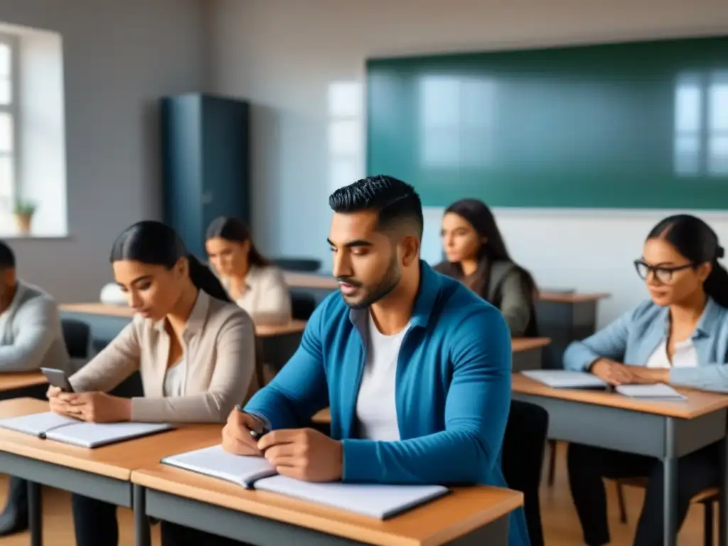 Una ilustración detallada y minimalista de estudiantes diversos en un aula en Uruguay, usando tecnología para el aprendizaje adaptativo