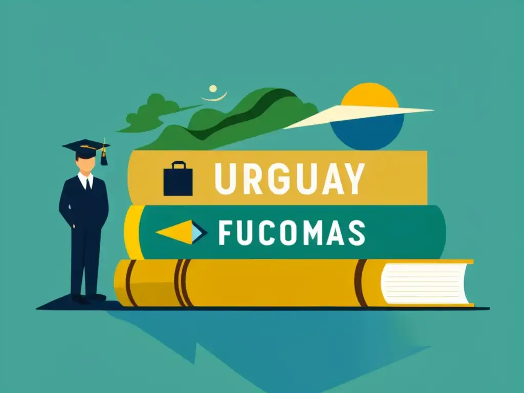 Una ilustración detallada y minimalista de hitos educativos en Uruguay, desde la primera escuela hasta reformas actuales