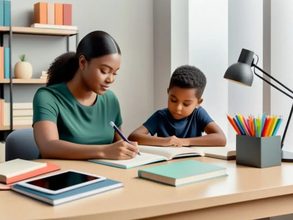 Una ilustración detallada de un padre y un niño estudiando juntos en un escritorio moderno, rodeados de recursos educativos