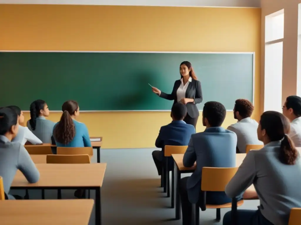 Aula inclusiva y dinámica en Uruguay: colaboración y excelencia educativa Una ilustración minimalista de un aula moderna en Uruguay, con estudiantes diversos y un profesor en una sesión dinámica e interactiva