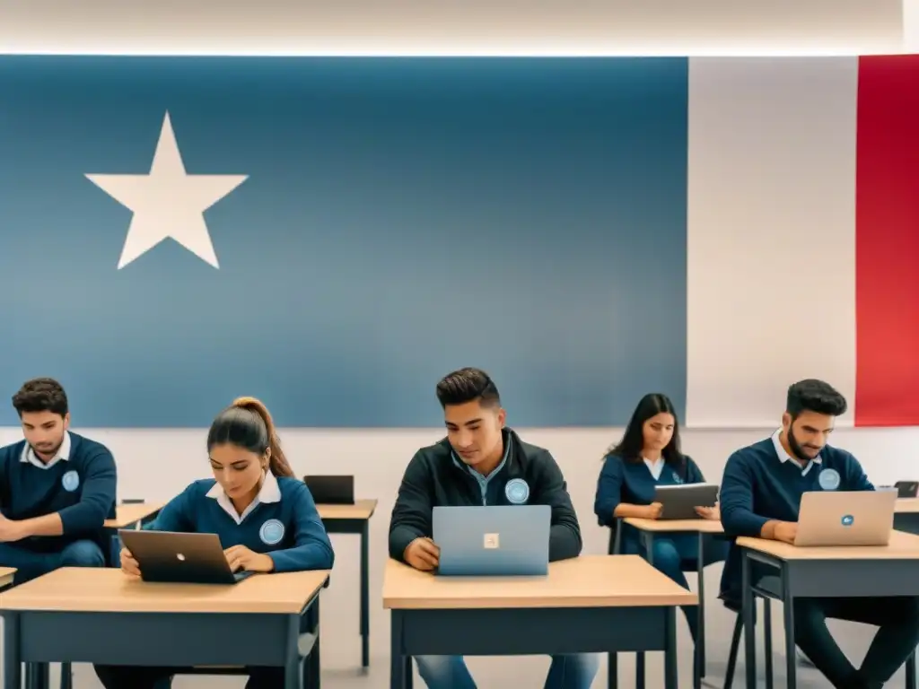 Una ilustración minimalista de un aula moderna en Uruguay, con estudiantes diversos aprendiendo tecnología de vanguardia