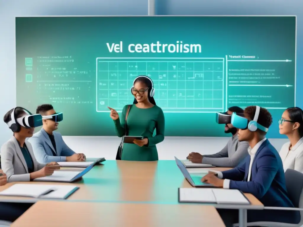 Una ilustración minimalista de un aula virtual futurista con ecuaciones matemáticas, alumnos de diversas etnias con auriculares de realidad virtual y un profesor holográfico