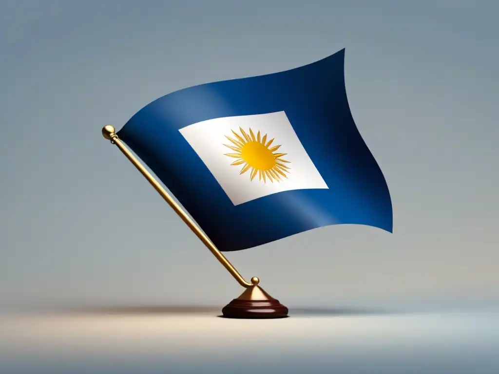 Una ilustración minimalista de la bandera uruguaya entrelazada con una balanza de justicia, sobre un fondo degradado que representa un nuevo amanecer