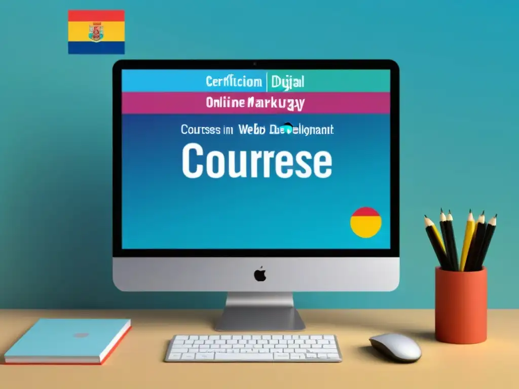 Una ilustración minimalista detallada de una pantalla de computadora mostrando cursos de certificación online en Uruguay