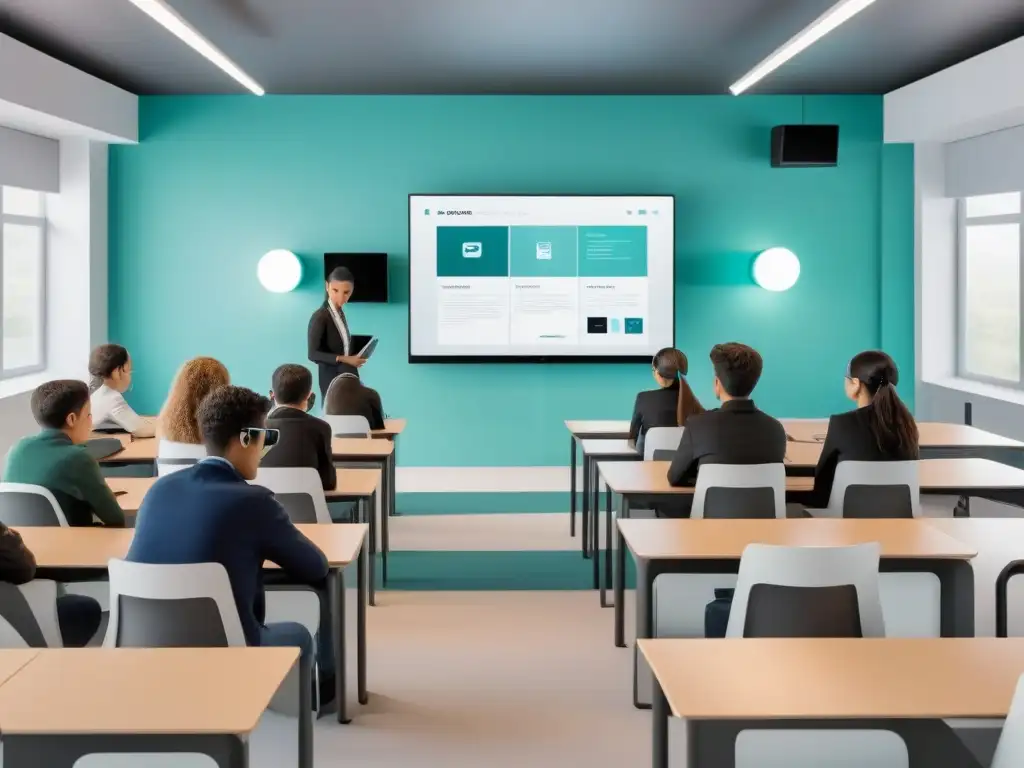 Una ilustración minimalista y elegante de un aula futurista en Uruguay con tecnologías educativas integradas