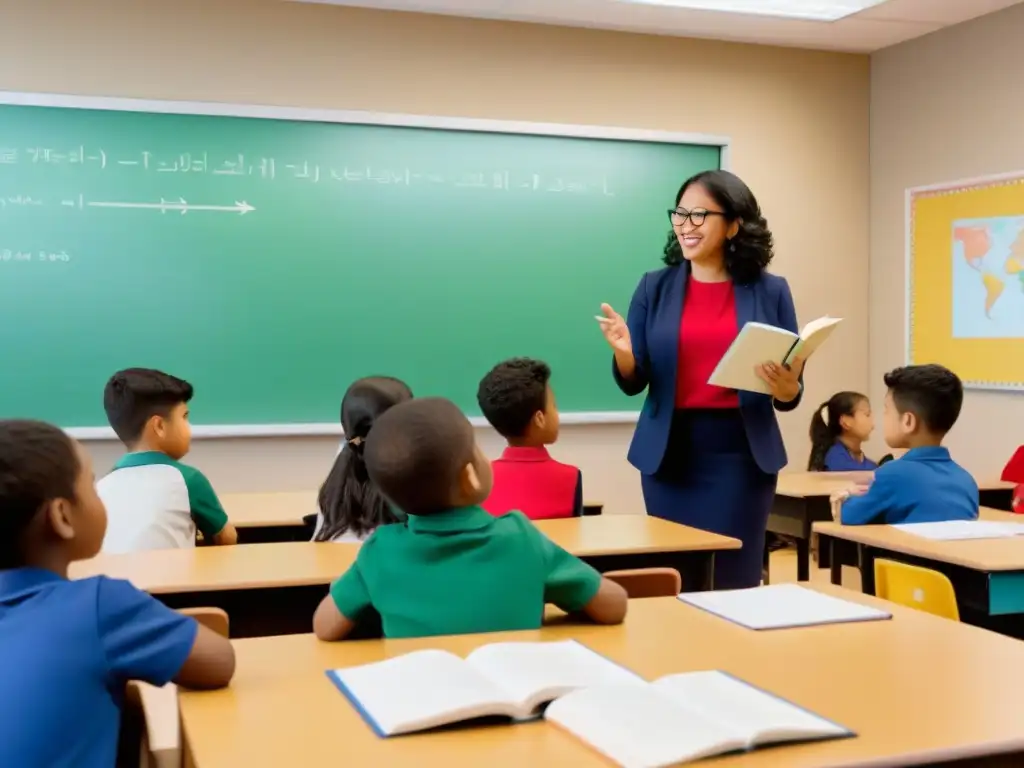 Una ilustración minimalista de estudiantes diversos en un aula bilingüe, con un profesor liderando una lección interactiva
