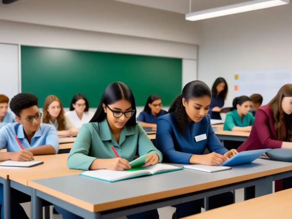 Una ilustración minimalista de estudiantes diversos trabajando juntos en un proyecto STEM en un aula moderna y futurista en Uruguay