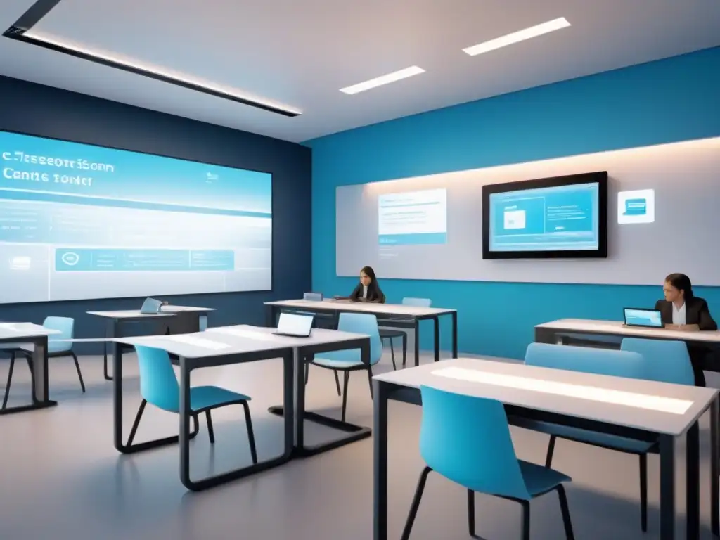 Una ilustración moderna y minimalista de un aula con elementos futuristas de AdTech, en tonos azules y blancos