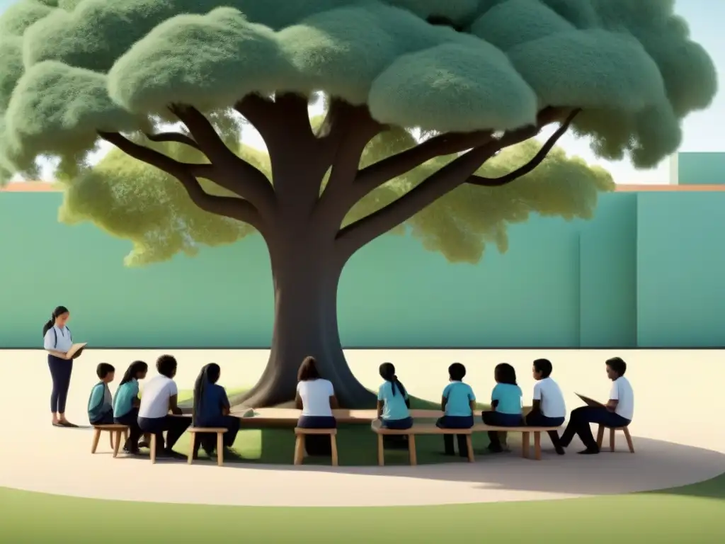 Una ilustración serena y minimalista de capacitación docente aprendizaje servicio en Uruguay bajo un árbol