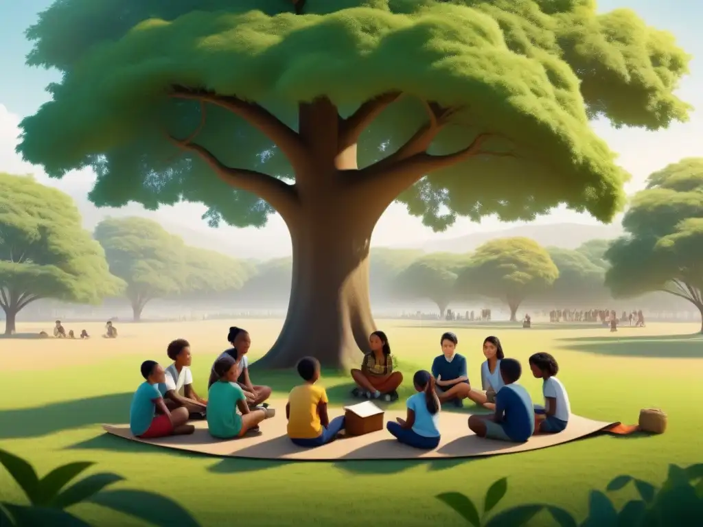 Una ilustración serena y minimalista de estudiantes diversos colaborando bajo un árbol en un entorno rural