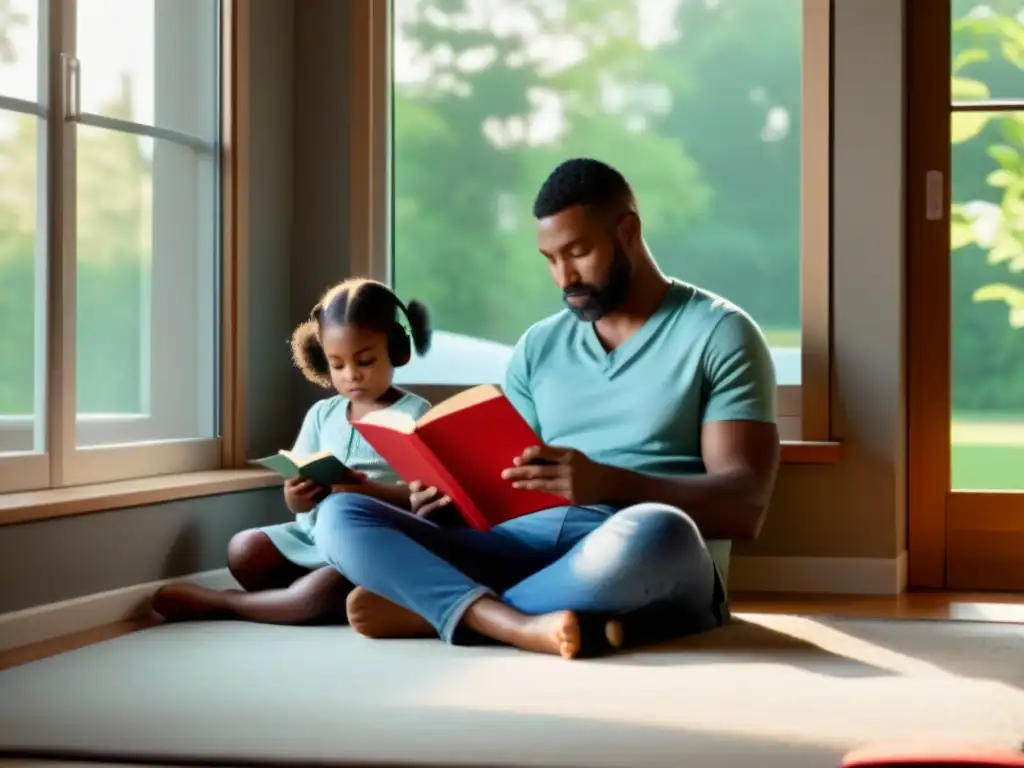 Una imagen conmovedora de un padre leyendo a su hijo, destacando la importancia del papel de los padres en la resiliencia estudiantil