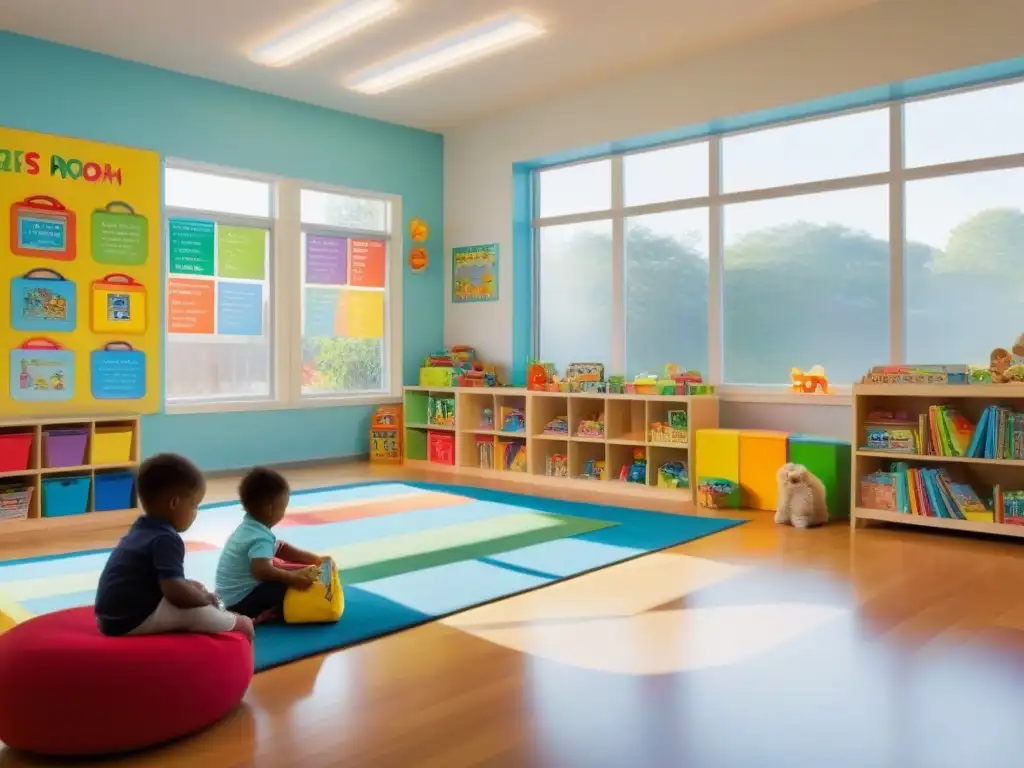 Imagen detallada de aula tranquila de preescolar con niños diversos aprendiendo y jugando