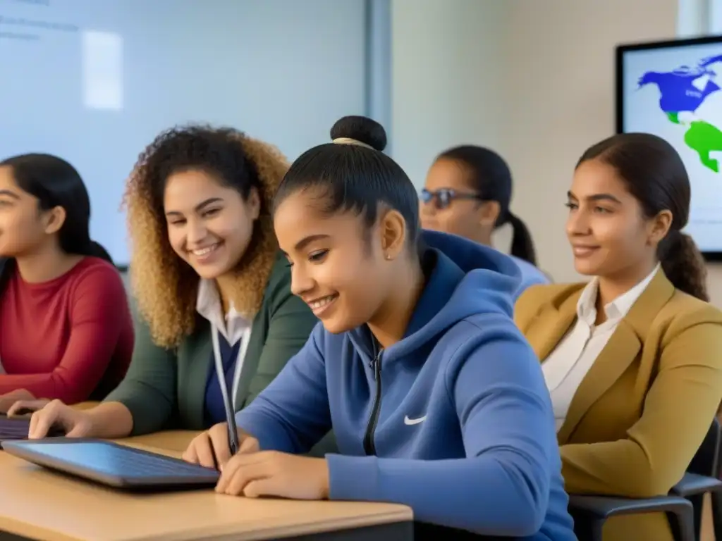 Una imagen detallada de estudiantes diversos en un aula en Uruguay, interactuando con tecnología de Inteligencia Artificial para fomentar la inclusión educativa