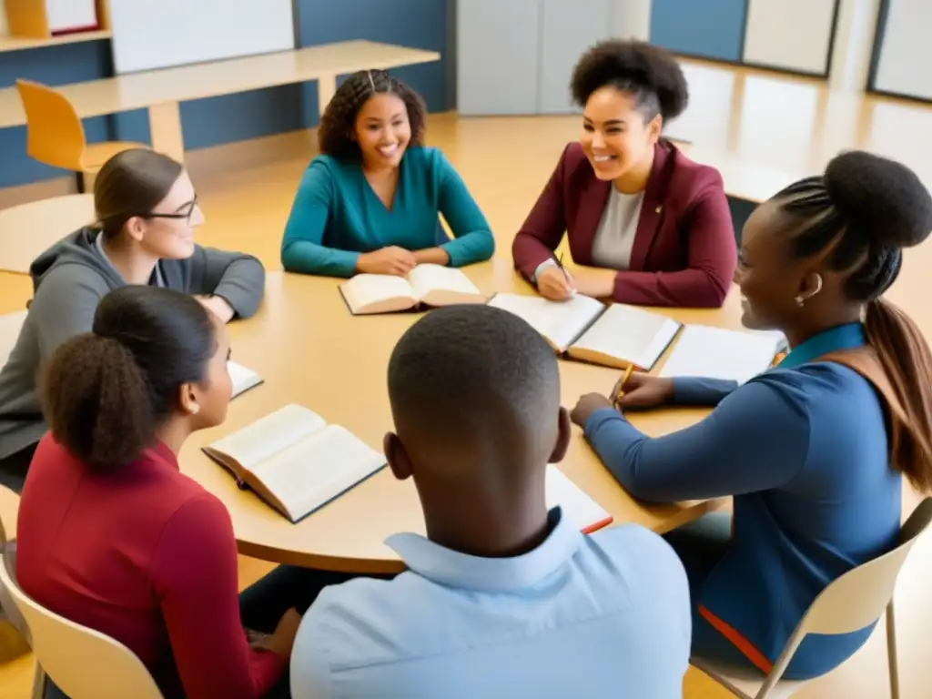 Una imagen detallada de estudiantes diversos en un aula moderna discutiendo ideas, simbolizando currículos multiculturales en Uruguay