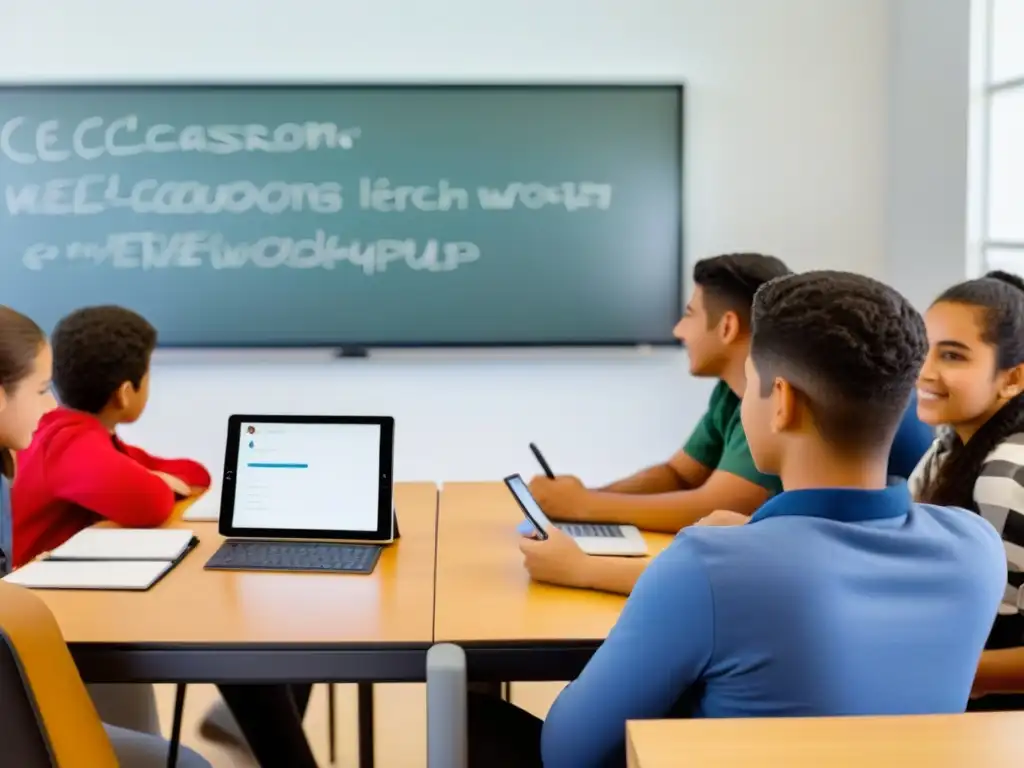 Una imagen detallada de estudiantes uruguayos utilizando tecnologías educativas en un aula moderna y acogedora