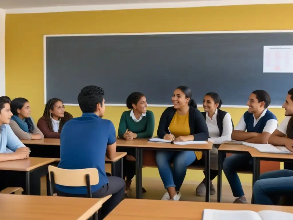 Una imagen detallada de educación inclusiva en Uruguay: estudiantes diversos colaborando en un aula moderna y multicultural