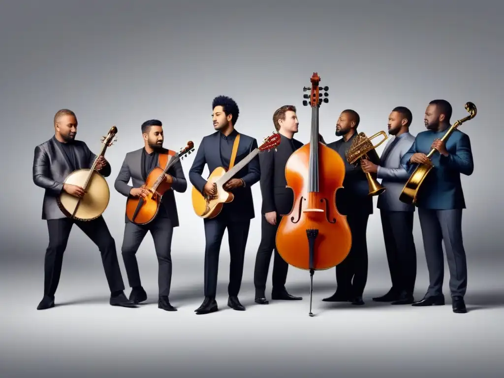 Armonía musical: músicos internacionales unidos en Uruguay Una imagen detallada de músicos de distintos países tocando juntos en armonía, resaltando la colaboración y la educación musical en Uruguay