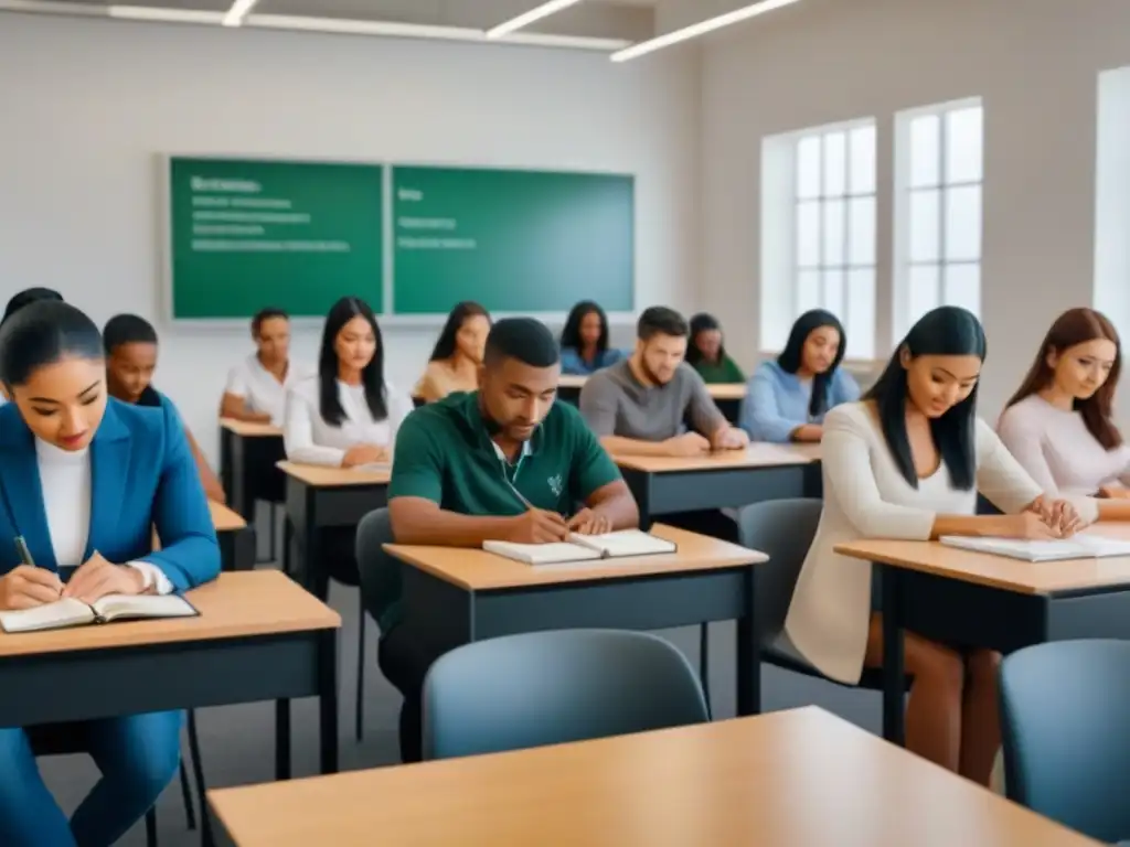 Imagen de estudiantes diversos colaborando en un aula moderna, representando currículos multiculturales en Uruguay