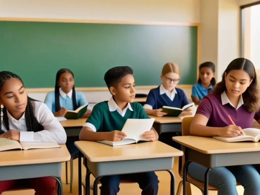 La imagen muestra a estudiantes diversos en un aula moderna con materiales educativos inclusivos y de igualdad de género en Uruguay