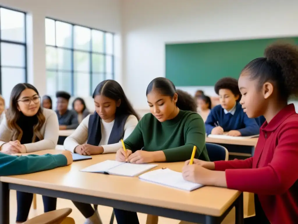 Una imagen de educación inclusiva en Uruguay: alumnos de diversas edades y etnias colaboran en un aula moderna y diversa, reflejando unidad y progreso