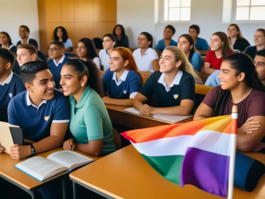 Una imagen inclusiva de estudiantes en un aula moderna y luminosa en Uruguay, resaltando la educación inclusiva y la diversidad LGBTIQ+