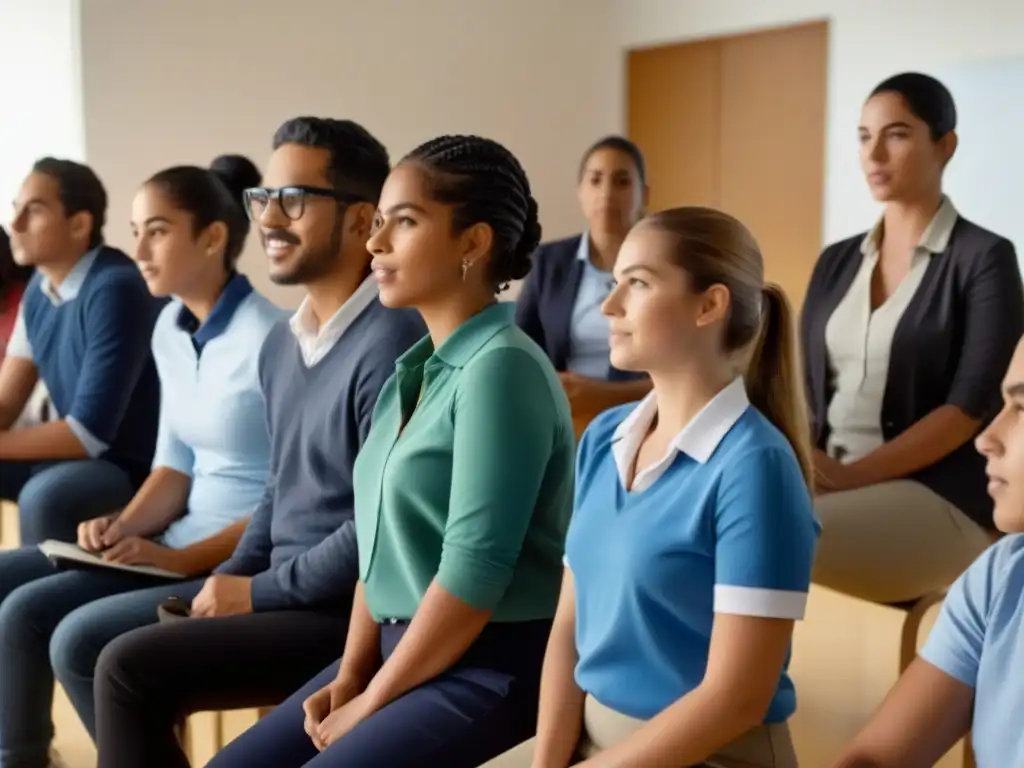 Una imagen inspiradora de innovación educativa en Uruguay global, con estudiantes y profesores colaborando en un aula moderna y dinámica