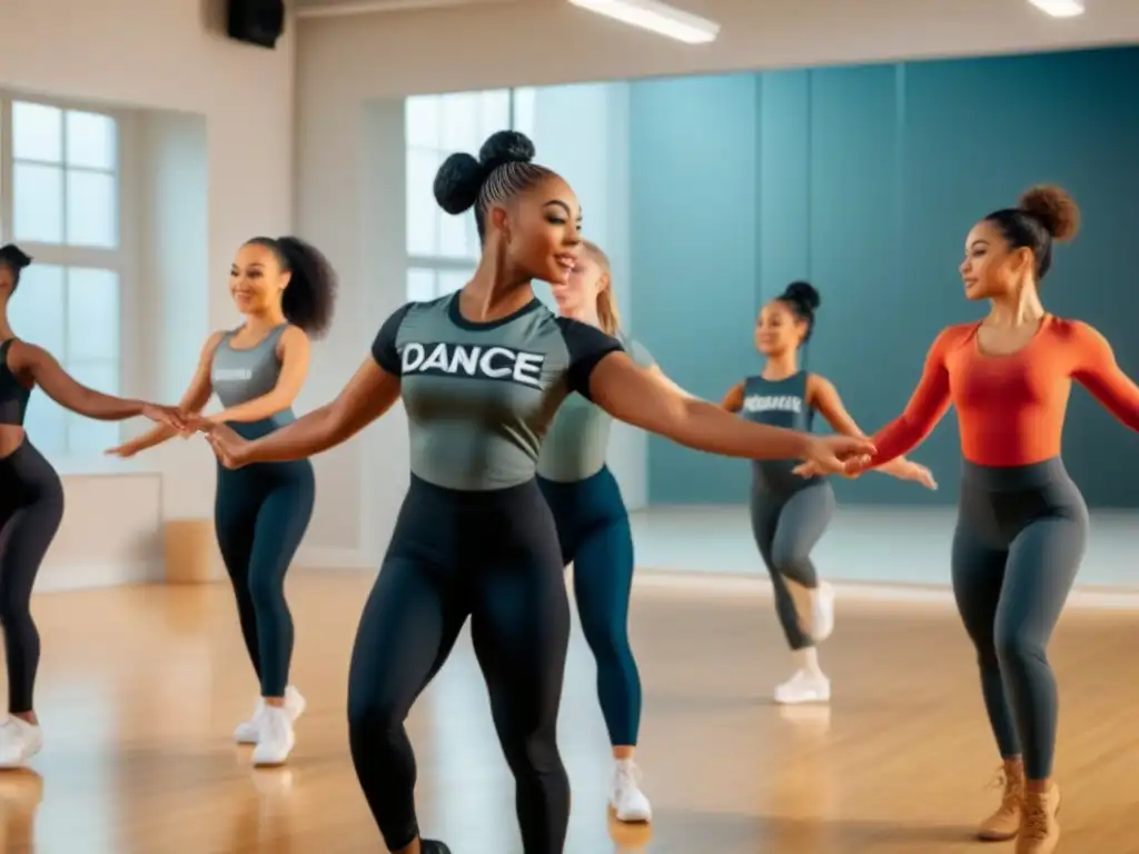 Una imagen de integración en danza y educación física: niños diversos bailando en sincronía en un estudio amplio y luminoso