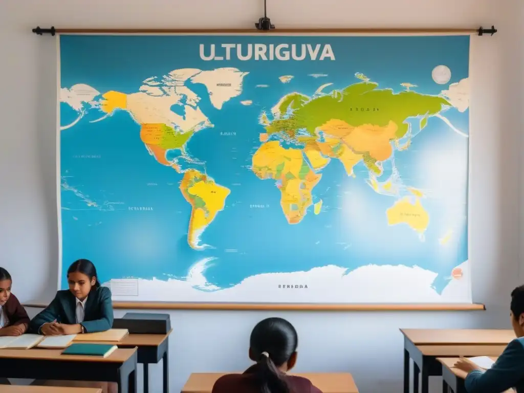 Imagen minimalista de aula en Uruguay con estudiantes diversos y mapa mundial, resaltando impacto sanciones internacionales educación Uruguay