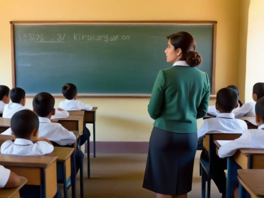 Una imagen minimalista de un aula tradicional uruguaya con profesor y estudiantes, transmitiendo un ambiente educativo de calidad en Uruguay