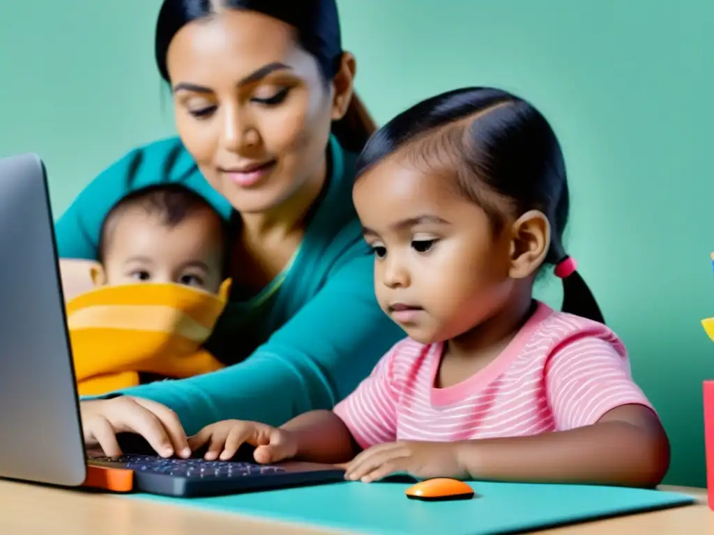 Una imagen de un padre y un niño juntos en un ordenador, explorando una plataforma de elearning colorida y educativa