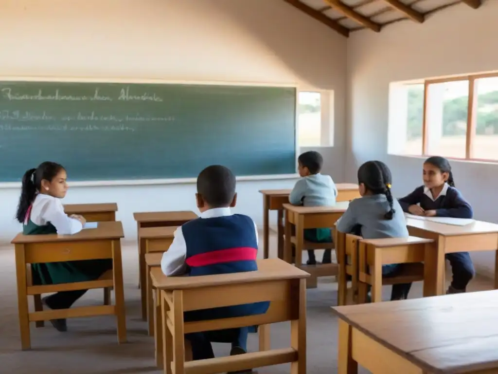 Imagen serena de aula rural en Uruguay, con alumnos diversos concentrados en actividad colaborativa