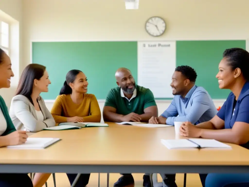 Una imagen serena de colaboración entre padres y maestros en una aula inclusiva y luminosa, reflejando respeto mutuo y trabajo en equipo