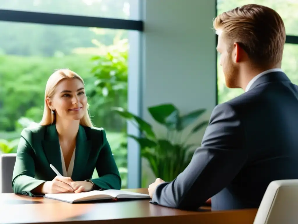 Una imagen serena y elegante de mentoría en programas de posgrado, con un mentor y un estudiante dialogando en una oficina soleada y moderna