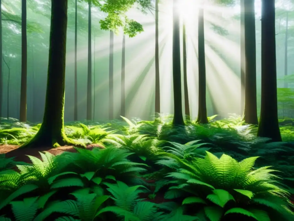 Imagen serena de un frondoso bosque verde, con luz solar filtrándose entre el dosel, creando suaves sombras en el suelo