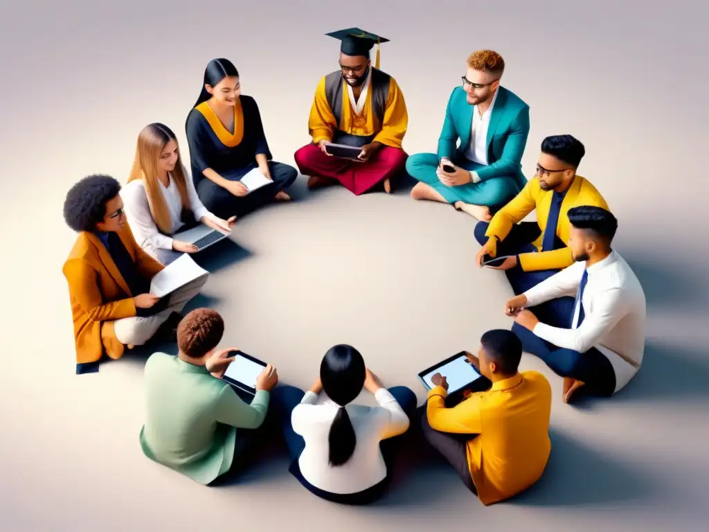 Una imagen serena y minimalista de estudiantes diversos en un entorno de elearning intercultural, simbolizando la unidad en la diversidad