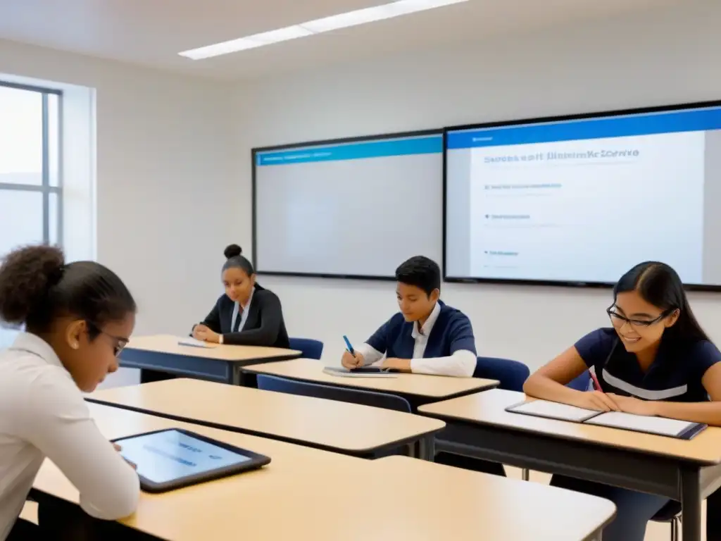 Una imagen serena y minimalista de estudiantes diversos colaborando en un aula bilingüe, con tecnología educativa moderna de fondo