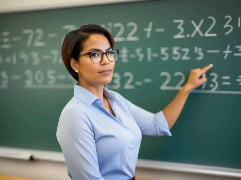Maestra de matemáticas en aula serena Una imagen serena y minimalista de una profesora frente a la pizarra, transmitiendo calidad educativa