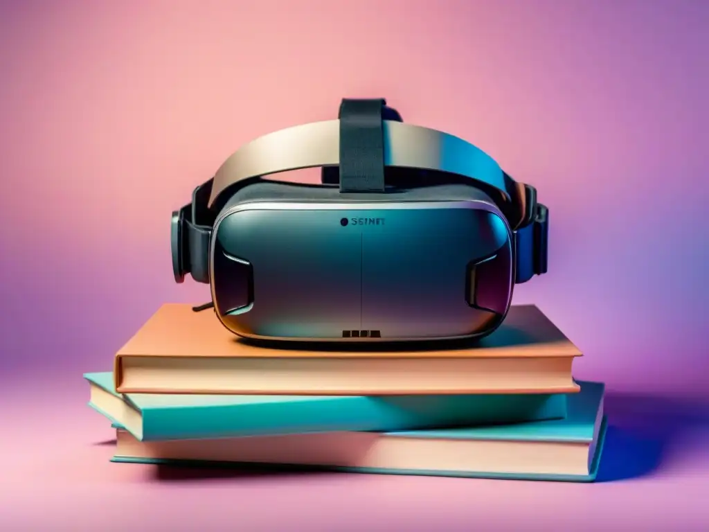 Una imagen tranquila y minimalista de un auricular de realidad virtual sobre libros, integrando tecnología y educación en armonía