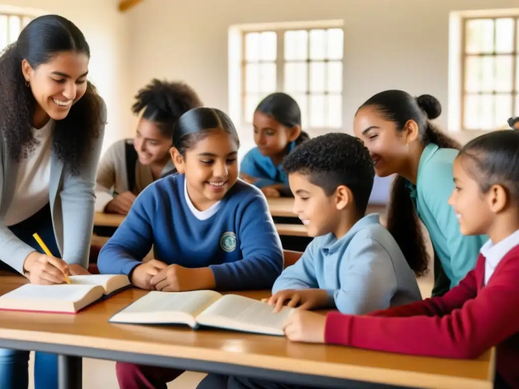 Clase colaborativa en Uruguay: diversidad y aprendizaje Una imagen vibrante de inclusión educativa en Uruguay con estudiantes de diversas edades y etnias colaborando en un aula moderna