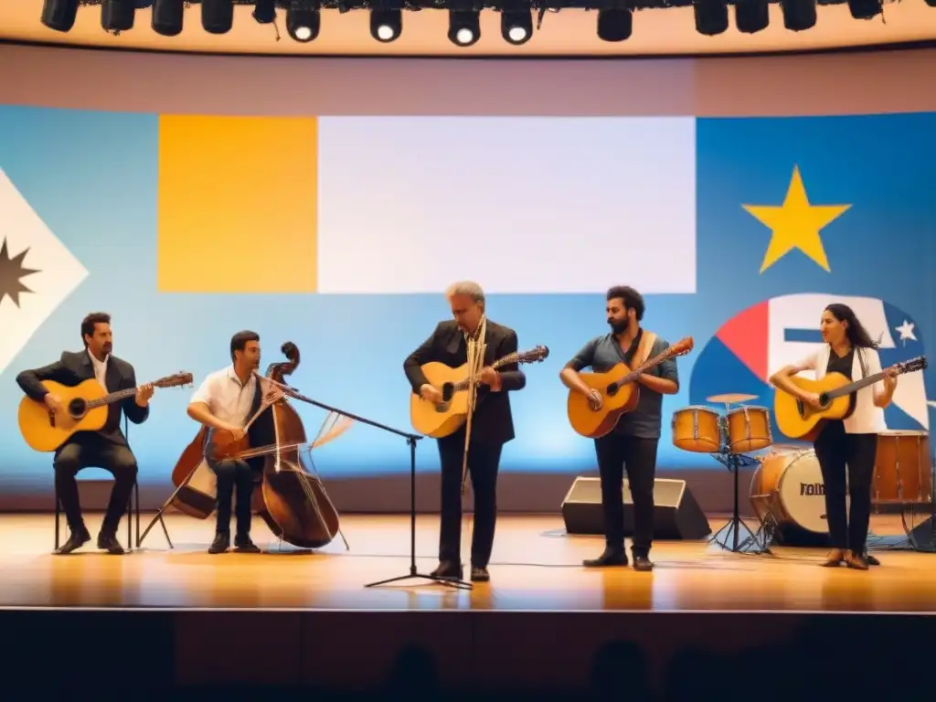 Concierto de músicos uruguayos e internacionales unidos en armonía Una impactante imagen de músicos de diversas nacionalidades colaborando en la educación musical en Uruguay