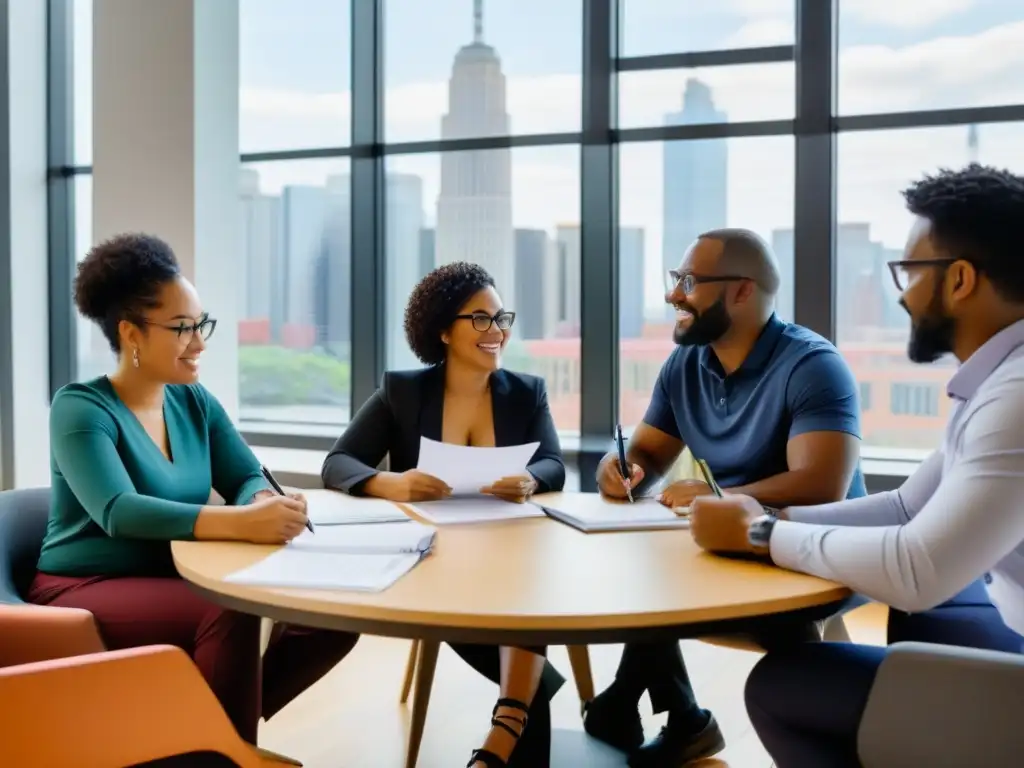 Impactante taller de formación financiera con docentes diversos en Uruguay, colaborando en una sala moderna con vista a la ciudad