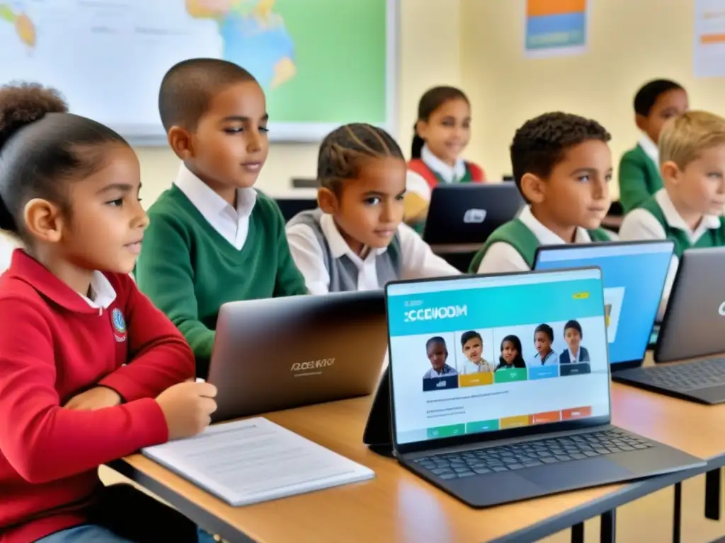 Impacto de la brecha digital en la educación uruguaya: niños diversos aprendiendo con tecnología en un aula moderna