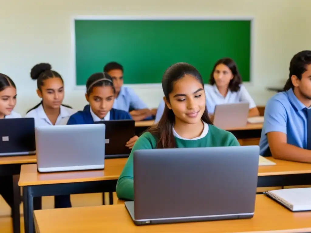 Impacto de Plan Ceibal en la educación de Uruguay: estudiantes diversificados utilizan tecnología y métodos tradicionales en un aula innovadora