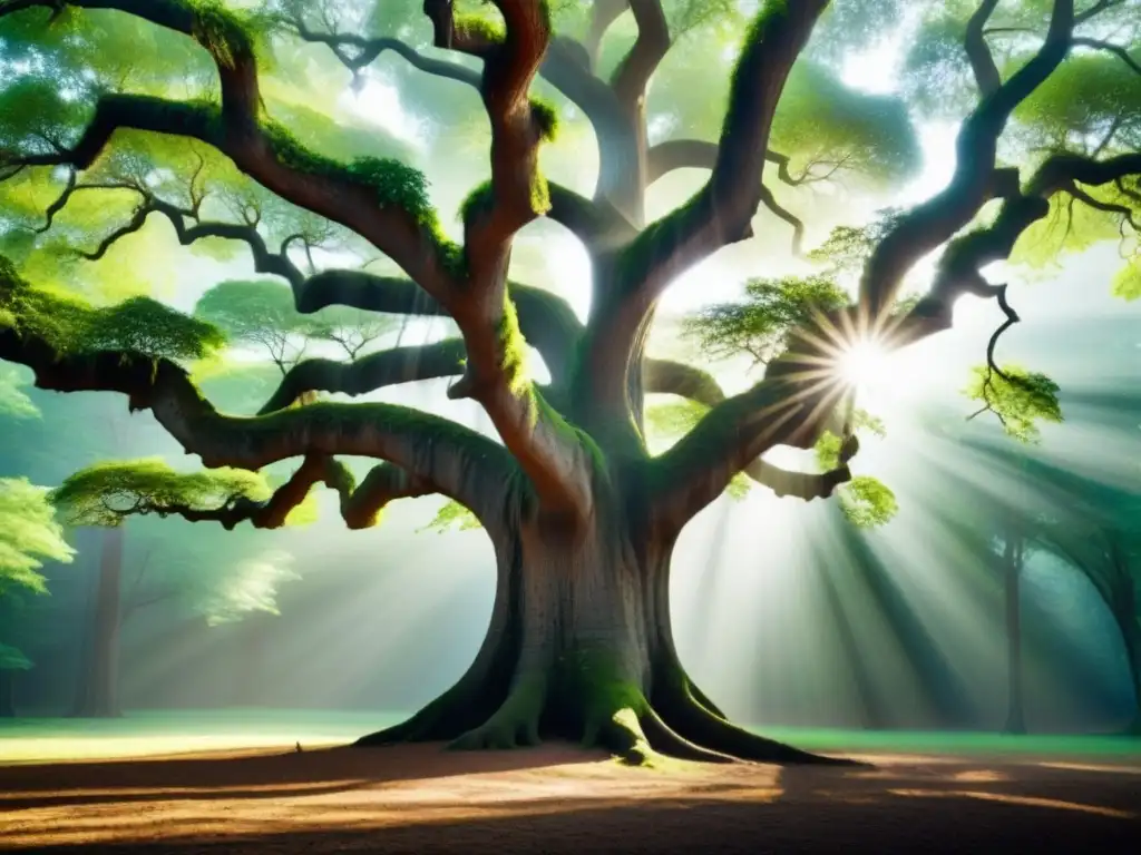 Imponente árbol antiguo con detallada corteza y hojas meciéndose al viento, simbolizando la formación del carácter en educación