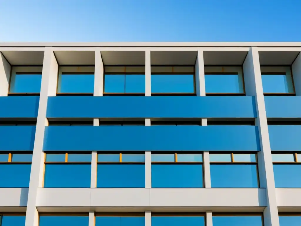 Imponente fachada escolar moderna con grandes ventanas geométricas reflejando el cielo azul