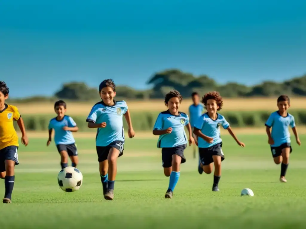 La importancia del deporte en educación: Niños uruguayos juegan fútbol en un campo verde bajo cielo azul, expresando alegría y movimiento