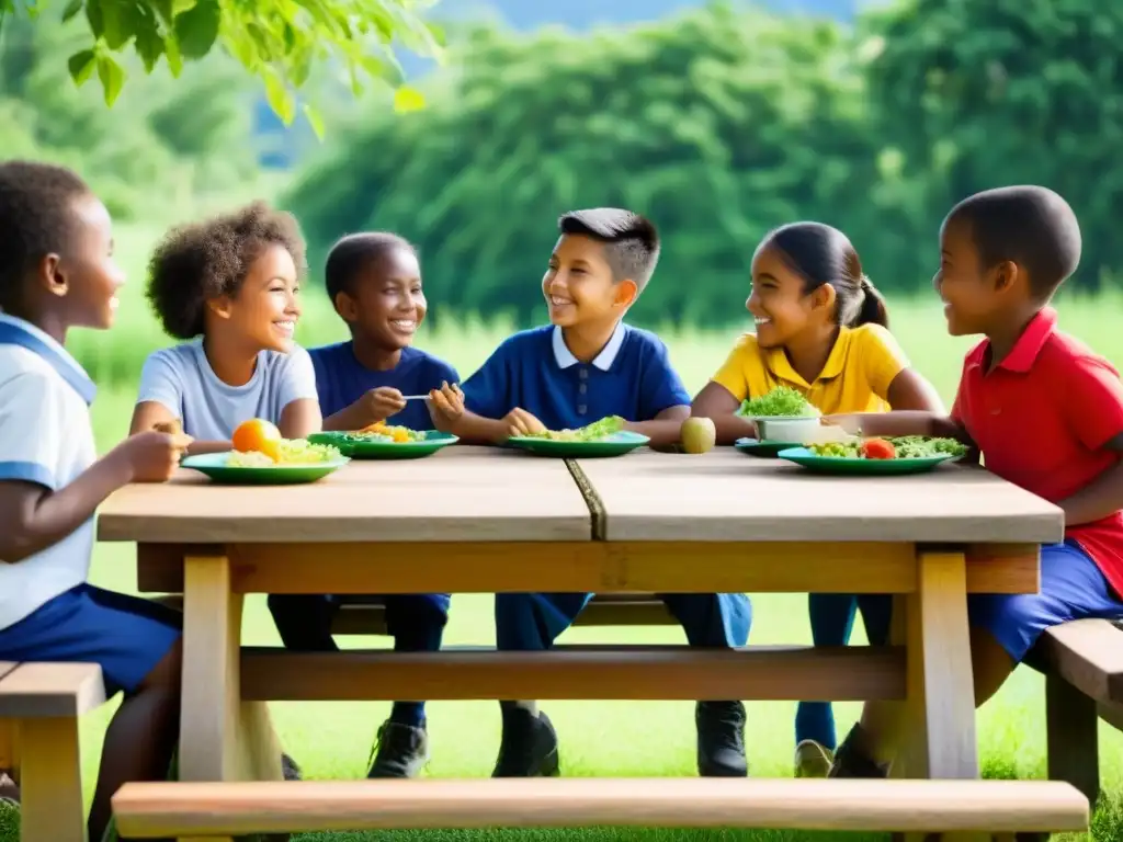 Importancia de la alimentación escolar en educación rural: Niños felices comiendo juntos en entorno escolar campestre