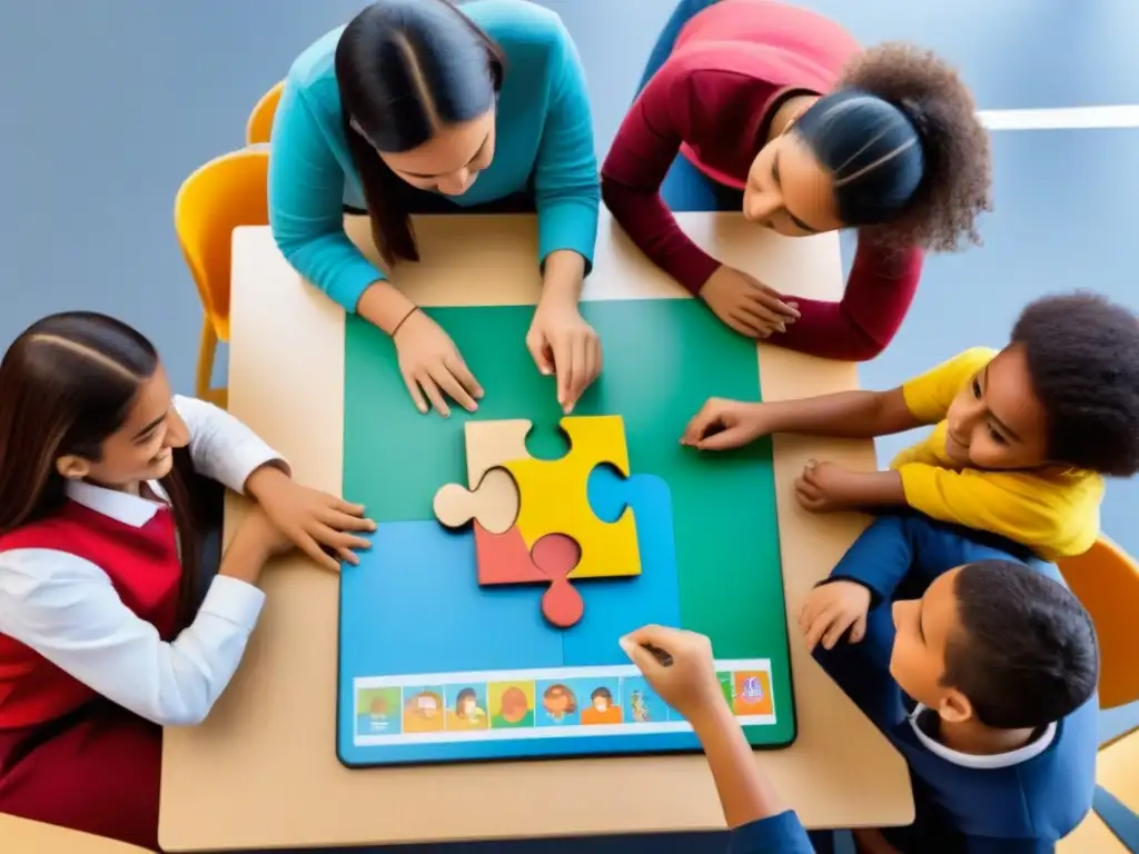 La importancia de juegos educativos: Niños diversos disfrutan aprendiendo en un aula de Uruguay con libros, rompecabezas y dispositivos digitales