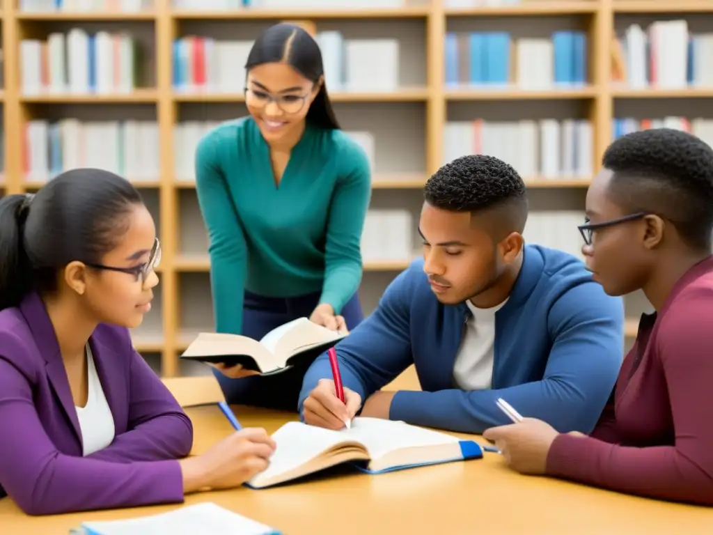 Importancia de libros de texto uruguayos: Estudiantes diversos aprenden juntos en aula moderna y luminosa, colaborando y compartiendo conocimiento